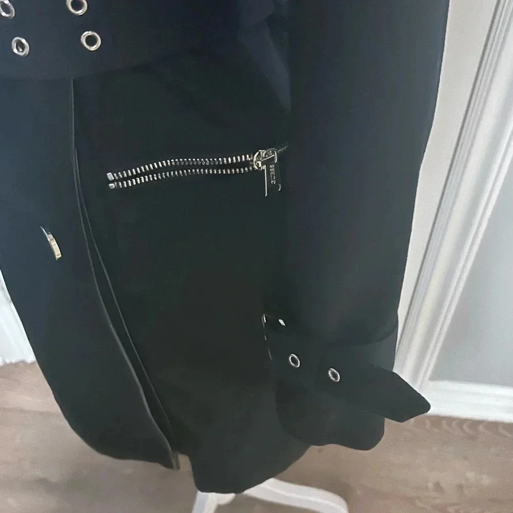 🖤”Guess” Women’s Black Mid Length Military Style Belted Jacket Size XS💛 - Picture 9 of 16